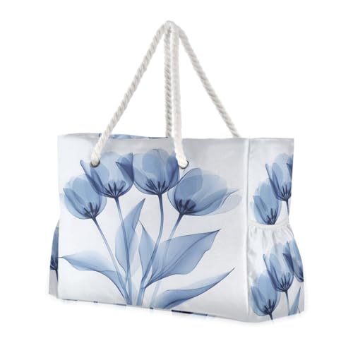 susiyo Delicate Blue Tulips Beach Bags for Women Large Travel Tote Bag Waterproof Sandproof Lightweight Swim Pool Bag for Family Outdoor