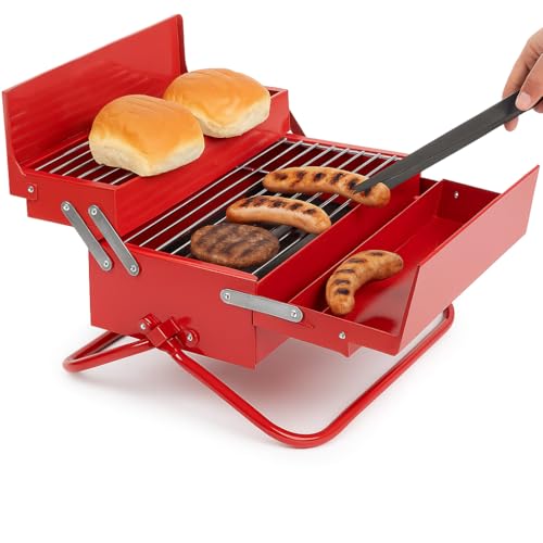 Suck UK Portable BBQ Grill - Stainless Steel Charcoal BBQ Smoker for Camping & Outdoor Travel Folding Warmer Rack & Utensil Tray in Toolbox Retro Design with Carry Handle - Ideal Novelty Gift for Dads