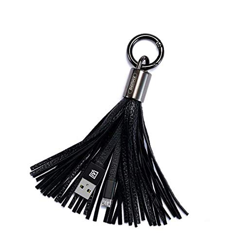 Remax 1 Piece Leather Tassels Keychain Cable, USB Charger Sync Data Cable for Samsung Galaxy, Android Device (Keychain Tassels/Black)