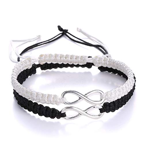 2PC/Set Stainless Steel Infinity Couple Bracelet Braided Leather Rope Wax Strings Bangle Wrist Adjustable Chain Fit 7-9 Inch for Lover Friendship Gift for Women Men-White & Black
