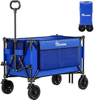YITAHOME Folding Trolley with Wheels 200L Camping Trolley 100kg Wagon Trolley with Seat Belt & Side Pocket 600D Oxford Fabric Festival Trolley Heavy Duty 107x52x96cm for Garden/Beach/Picnic, Blue