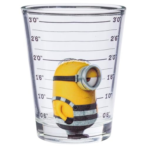 Image of Silver Buffalo Minions Despicable Me Mug Shot Featuring Bob, Stuart, Tim, and Dave 4 Pack Mini Glass Set, 1.5 Ounces