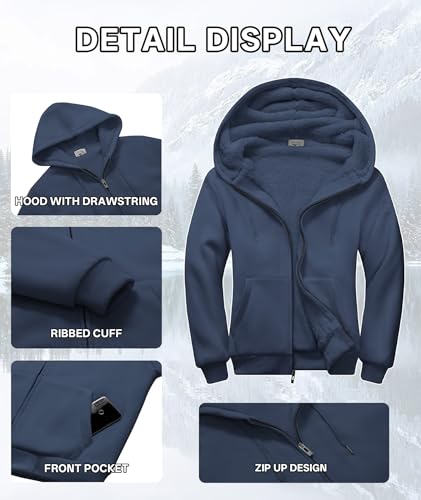 Image of V VALANCH Men Hoodies Zip Up Sherpa Lined Sweatshirts Heavyweight Thick Warm Fleece Winter Jacket