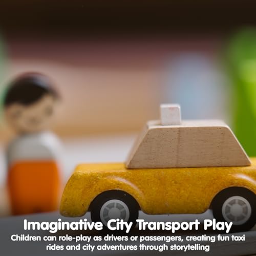 Image of PlanToys Yellow Taxicab Wooden Montessori Vehicle Toy | Early Movement, Imagination and Practical Life Exploration | Eco Friendly Taxi for Indoor and Outdoor Play