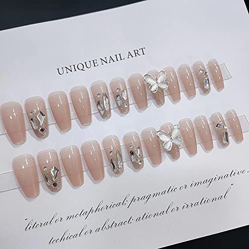 Press on Nails with Designs Medium Length, Coffin Shape Full Cover Reusable False Nails with Glue, Stick on Nails with Chrome Butterfly, Artificial Acrylic Fake Nails for Women, Glue on Nails Square - Image 3