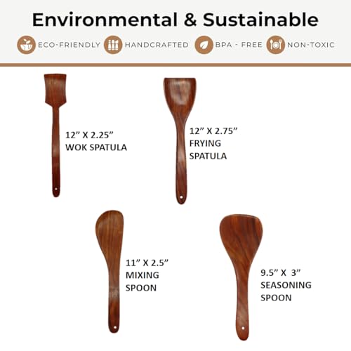 Image of Premium Wooden Cooking Spoon & Spatula | Natural Sheesham Wood (Indian Rosewood), Non-Stick Safe, Heat Resistant Kitchen Tools for Roti, Sabzi, Frying & Serving (Set of 4)