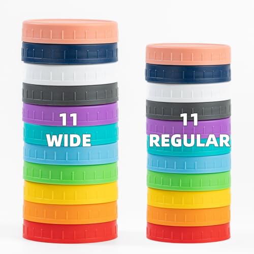 Bedgeta 22 Pack Plastic Mason Jar Lids, 11 Wide Mouth & 11 Regular Mouth with Silicone Rings,Thickened Leak-proof Lids Fit Ball,Kerr and More, 86mm & 70mm(Multicolored)
