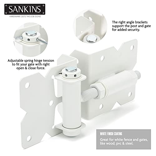 Sankins Self Closing Gate Hinges Heavy Duty Hardware Hinges For Wooden/Vinyl/Pvc Fences, 90 Degree Adjustable Gate Hinge With Installation Screws And Swing Adjuster Tool, 2 Pack/Set, White #TOP3