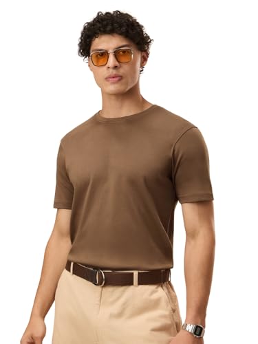Image of The Souled Store Supima: Dusky Mocha Men and Boys Short Sleeves Round Neck Solid Regular Fit Lightweight Breathable Durable Everyday Comfortable Supima Cotton T-Shirt