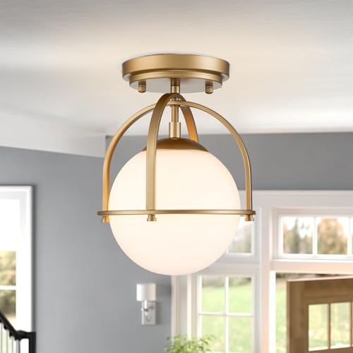 Image of Gold Semi Flush Mount Ceiling Light 8.7 inch Milk Glass Globe Ceiling Light Fixture Mid Century Modern Small Chandelier for Hallway Kitchen Bedroom or Schoolhouse Light Fixture