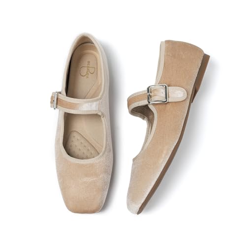Bebxufa Women's Square Toe Ballet Flats - Mary Jane Shoes with Adjustable Strap, Slip On Comfortable Work Flats,Satin Soft Leather Dressy Shoes Beige,7