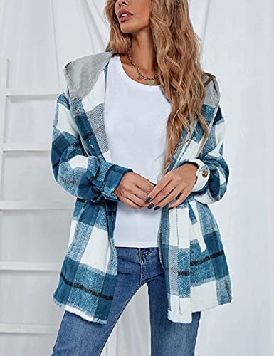HangNiFang Womens Plaid Flannel Hoodie Shirts Long Sleeve Button Down Jacket Coats3