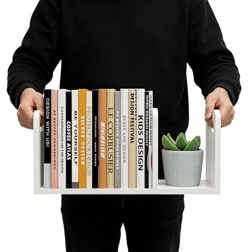 Image of 100% Solid Wood Adjustable Desktop Bookshelf With Movable Divider, Retro Tabletop Bookshelf With Convenient Handle Design for Living Room, Home, Office, Perfect for Magazines, Books, Files (White)