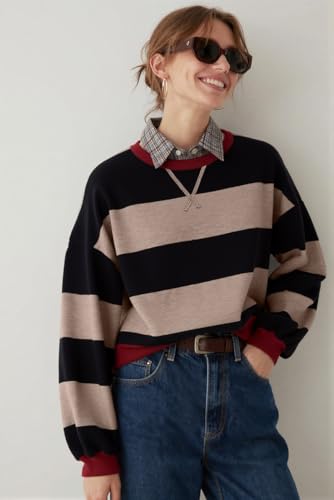 Image of UEU Women Oversized Striped Crewneck Sweatshirt Long Sleeve Color Block Pullover Tops Casual Loose Workout Shirt