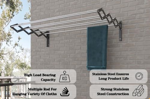 Image of RIOMAX 7 Rod Heavy Duty Rust-Free Stainless Steel Foldable Wall Mounted /Mounting Clothes Drying Stand for Balcony /Cloth Dryer Racks for Bathroom /Balcony /Indoor /Outdoor (2 Ft - 7 Rod - Black & Silver)
