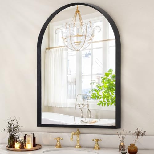 HLFMVWE Black Arched Mirror, Modern Bathroom Wall Mirror Aluminum Alloy Framed Mirror Brushed Metal Vanity Wall Mounted Mirror for Livingroom Bedroom Entryway Room 16