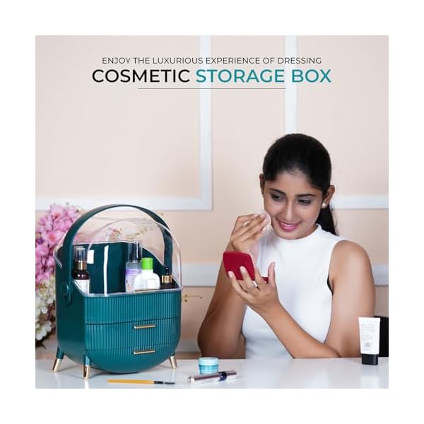 Makeup Cosmetic Organizer Box with Drawer Storage - Plastic Oval Storage Organizer with Turn Lock, Large Capacity for Women’s Skincare and Beauty Products (Green) - Image 4