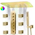 HOMEDEC LED 17x28inch Multi Function Shower System with 6 Pcs 2-Function Shower Body Jets Sprays, Luxury Ceiling Rainfall Mist Shower Faucet Set Complete, Brushed Gold