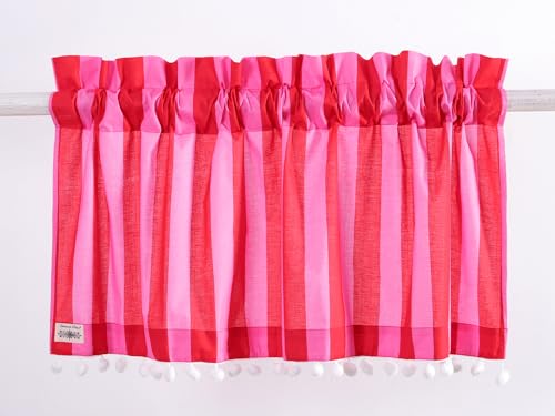 Image of Ravaiyaa - Attitude is everything Hand Printed Half Window Kitchen Curtain 100% Cotton Short Drapery Valance Curtain 40 inch X 18 inch Inch (Pink Red Striped)