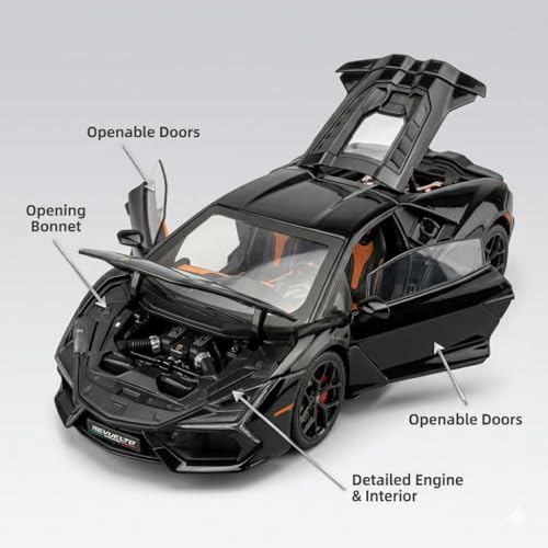 Image of Lamborghini Revuelto 1:24 Scale Die-Cast Car Model Black - Scissor Doors Sound Light Pull-Back Alloy Metal Collectible Toy Car for Kids Collectors