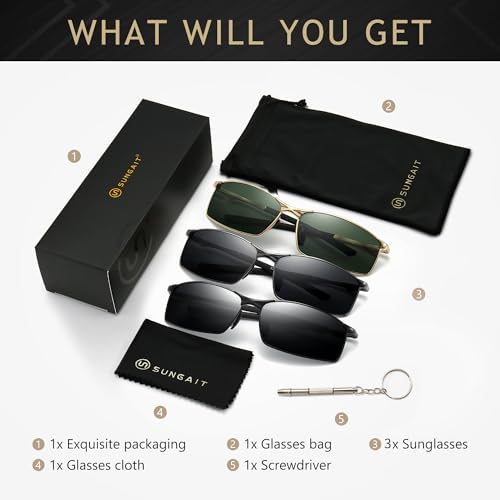 Image of SUNGAIT Ultra-Lightweight Polarized Sunglasses Men for Driving Fishing Golf, Rectangular Metal Frame with Spring Hinge