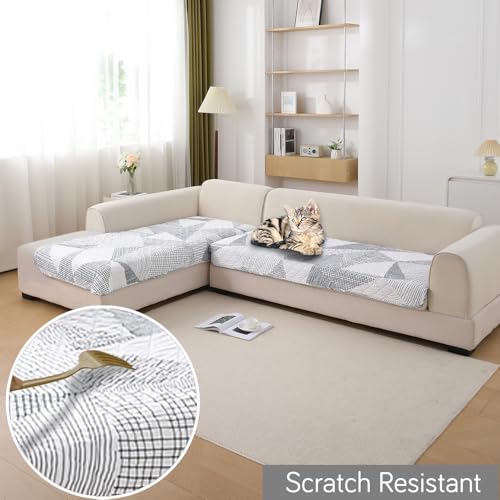 Image of HOKIPO 'Elira Series' Polyester Blend Printed Water Repellent + Waterproof Quick Dry L Shape (3+2 Seater) Sofa Seat Cover Mat, Snow White Black Geometry (AR-5249-C9 + AR-5246-C9)