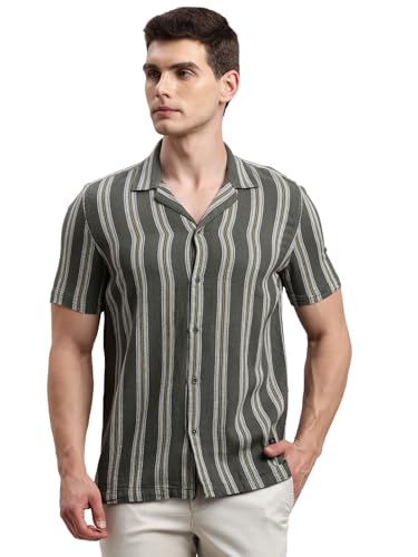 Chemise décontractée rayée Turtle anti-transpiration en coton gris avec son col cubain léger