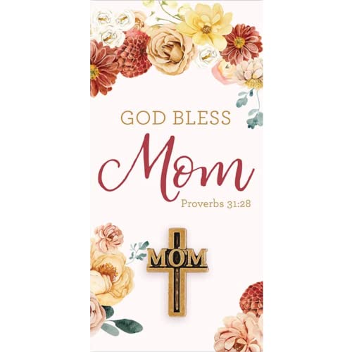 Image of Needzo Gold Tone God Bless Mom Cross-Shaped Lapel Pin with Prayer Card, Womens Cross Pins, Religious Mother's Gifts for Christian Moms, Grandmas, Aunts, and More, 1 Inch