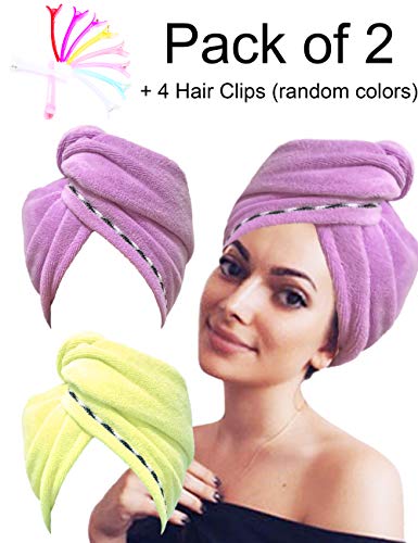 EUICAE Hair Towel Microfiber Turban Head Wrap Microfiber Towel Bath Towels Hair Wrap Hair Towel Wrap Hair Cap Towel Wraps Hair Drying Towels Fast Drying Pack of 2 + 4 Hair Clips (Yellow & Purple)