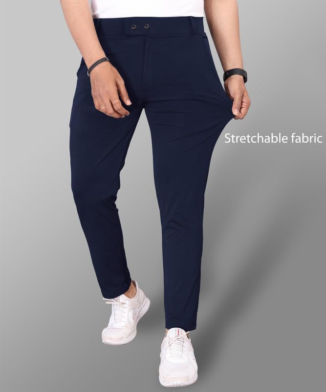 Image of MiraMichi Men's Slim Fit Stretchable Casual Mid Rise Trousers | Stylish Lycra Blend Pants for Office, Party