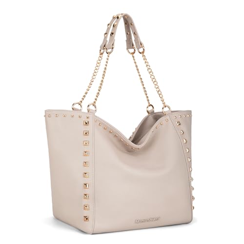 Montana West Oversized Tote Bag for Women Soft Vegan Leather Hobo Bag with Chain Handle and Rivets Decoration Off-white MWC-2751OW