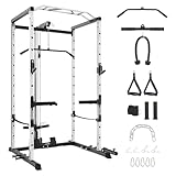 GarveeLife Power Cage, Multi-Function Power Rack with LAT Pulldown, 1600 LBS Weight Capacity Fitness Squat Rack with Cable Pulley System and j-Hooks, Dip Bars and Landmine Attachment for Home Gym