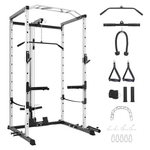 Power Cage with LAT Pulldown, Multi-Functional Power Rack with Cable Pulley System and J-Hooks, Squat Rack with Dip Bars and Landmine Attachment, Weight Cage for Home Gym Equipment