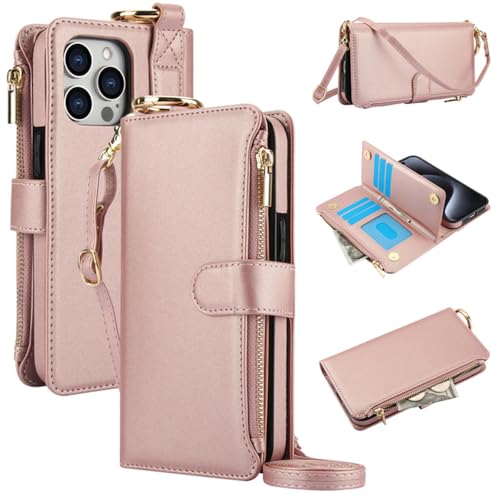 Coque portefeuille iPhone 15 Pro or rose zippée avec rangement carte et support vidéo