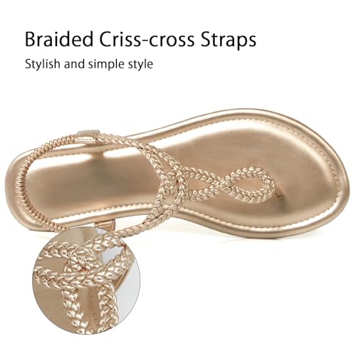Image of iCKER Womens Braided T‑Strap Flat Sandals Elastic Stretch Ankle Strap | Boho cute casual lightweight and comfort matches dresses for beach vacation