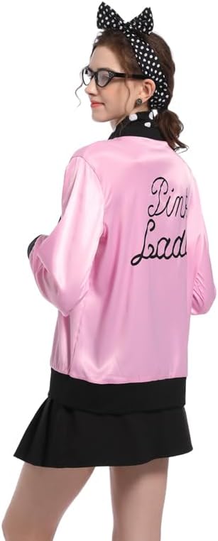 7 Pieces 1950s Women Pink Satin Jacket Halloween Cosplay Costume Set - Image 4