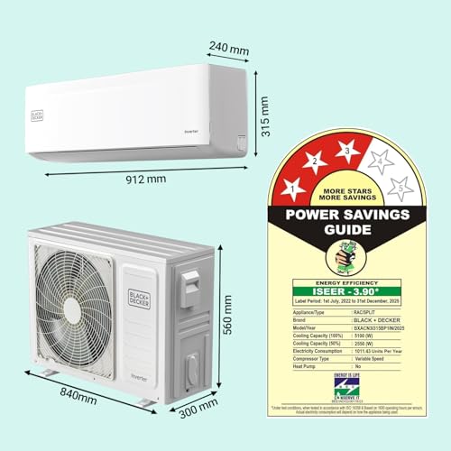 Image of Black+Decker 1.5 Ton 3 Star Inverter Split AC (100% Copper, 7-In-1 Convertible Cooling Modes, PM 1.0 Filter, 4-Way Swing, Cooling at 55 C, BXACN3I315BP1IN)
