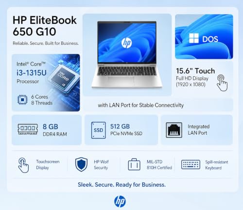 Image of HP EliteBook 650 G10 Laptop, Intel Core i3 13th Gen, 8GB RAM(UPGRADEABLE), 512GB SSD,Free DOS, 15.6 inch FHD Touch Display, Thin and Light,1.78KG,C65BSPT