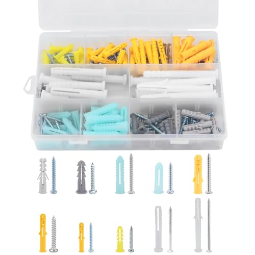 Yuhtech Wall Plugs and Screws Set, 100 Self Tapping Screws, Anchors Plugs Assortment Kit, 100 Expansion Pipe Anchor Bolts for Brick, Concrete, Masonry, Drywall