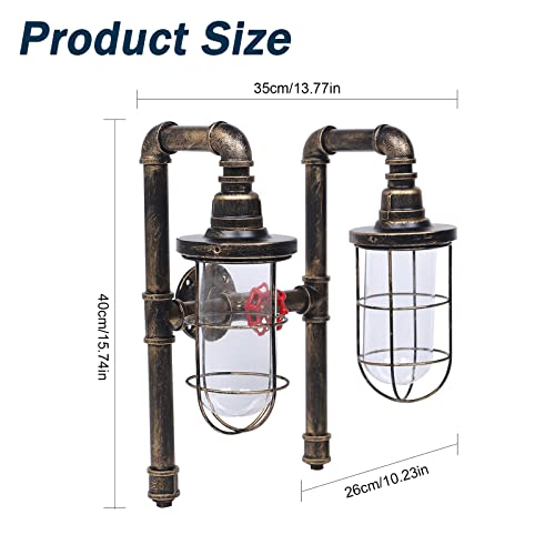 Image of TFCFL 2 Light Vintage Steampunk Wall Light, Retro Wall Sconce Light Industrial Water Pipe Wall Lamp Light Fixture E26 60W Max for Bedroom Living Room Bronze Finish