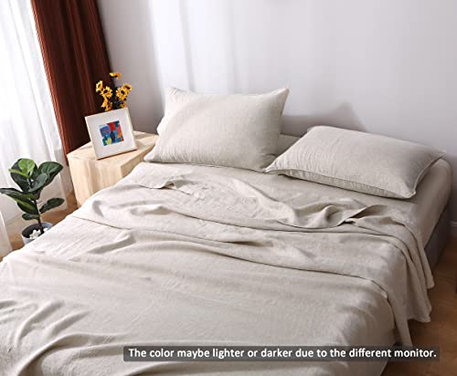 S Victory Symbol 100% French Linen Bed Sheets Queen Size Stone Washed Flax 4Pcs Sheets Set(1 Flat Sheet+1 Fitted Sheet+2 Pillow Cases Breathable And Durable (Queen,Natural Linen) #TOP4