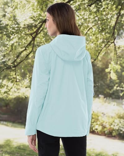 Woman outdoors wearing a light blue hooded jacket viewed from the back