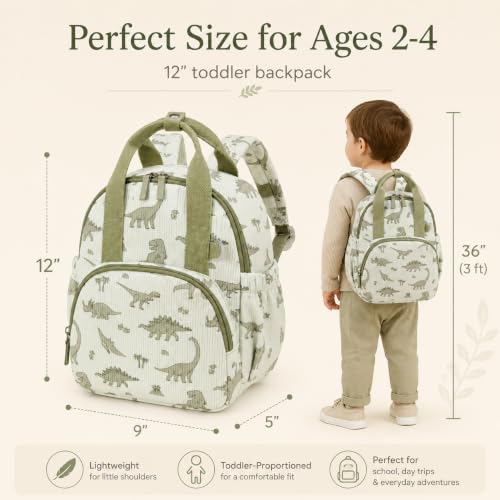 Image of Bluboon Toddler Backpack for Boys Girls 2-4 Cute 12 inch Preschool Kindergarten Backpacks Kids Daycare Bags School Travel (Green Dino Beige, Age 2-4 (12 inch H not Fit A4 Folder))