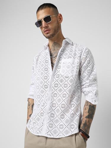 Image of VASTRADO Mens White Crochet Shirt | 100% Polyester, Lightweight & Breathable Fabric | Point Collar, Full Sleeves, Patch Pocket, Button Cuffs, Curved Hem | Casual & Versatile Style
