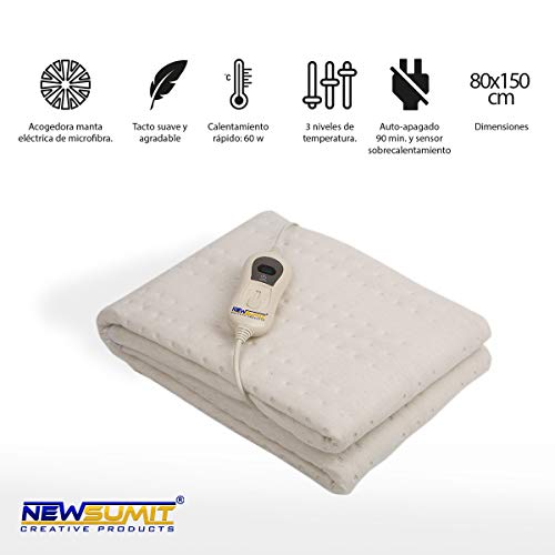 NEWSUMIT- Manta Electrica Calienta Camas - Calentador Mesa De Masajes-80x150cm rec para colchones 90-100x200cm-60W,3 niveles de temp-apagado automático a los 3horas-apagado sobrecalentamiento.