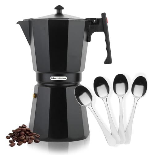 MAGEFESA Forte - Cafetera Italiana de 6 Tazas + 4 Cucharillas Moka, Aluminio, Asa y Pomo de Baquelita, Apta en Todas las Cocinas, Inducción