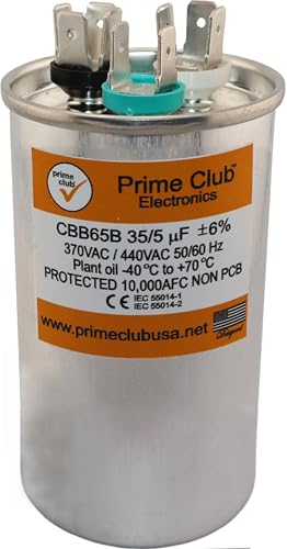 Prime Club 35+5 uF 35/5 MFD ±6% 370V/440VAC CBB65 Dual Run Round Start Capacitor for AC Motor Run & Fan Condenser. Universal Replacement for Carrier Lennox GE Genteq Capcom Bryant Goodman Trane York