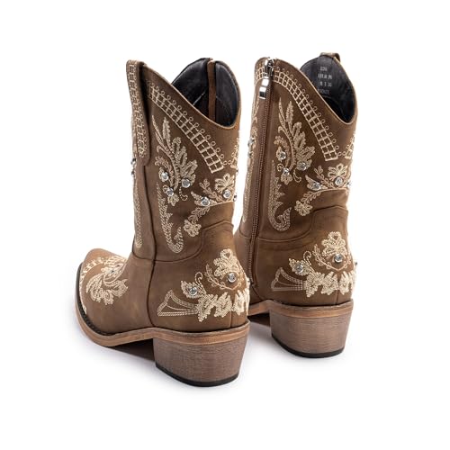 Image of Cusolemore Cowboy Boots for Women, Cowgirl Boots with Sparkly Embroidered Rhinestones, Short Western Ankle Boots for Women with Side Zipper Pull On