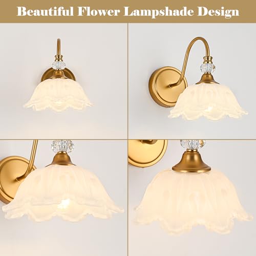 Image of 1 Piece Vintage Wall Sconce with Floral White Glass Shade, Matte Brass Finish Wall Sconce for Bathroom, Vintage Bathroom Vanity Light Fixture