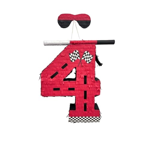 APINATA4U's 17.5" Large Red Number Four Racing Theme Pinata - Rev Up Your Celebration with High-Octane Fun! Including Stick and Mask